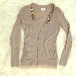 Loft, Jeweled V-neck Cardigan with Tulle detail XS